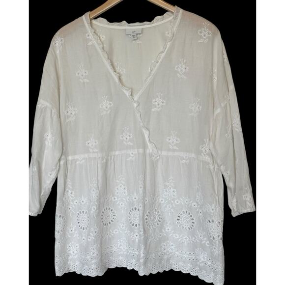 J. Jill Top M Petite White Eyelet Embroidered Faux Wrap Boho Beach Cottagecore - Picture 1 of 12